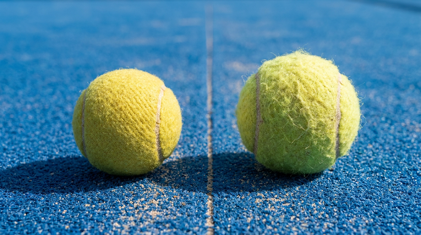 Close-up comparison of a padel ball and a tennis ball side by side, showing the difference in felt and bounce