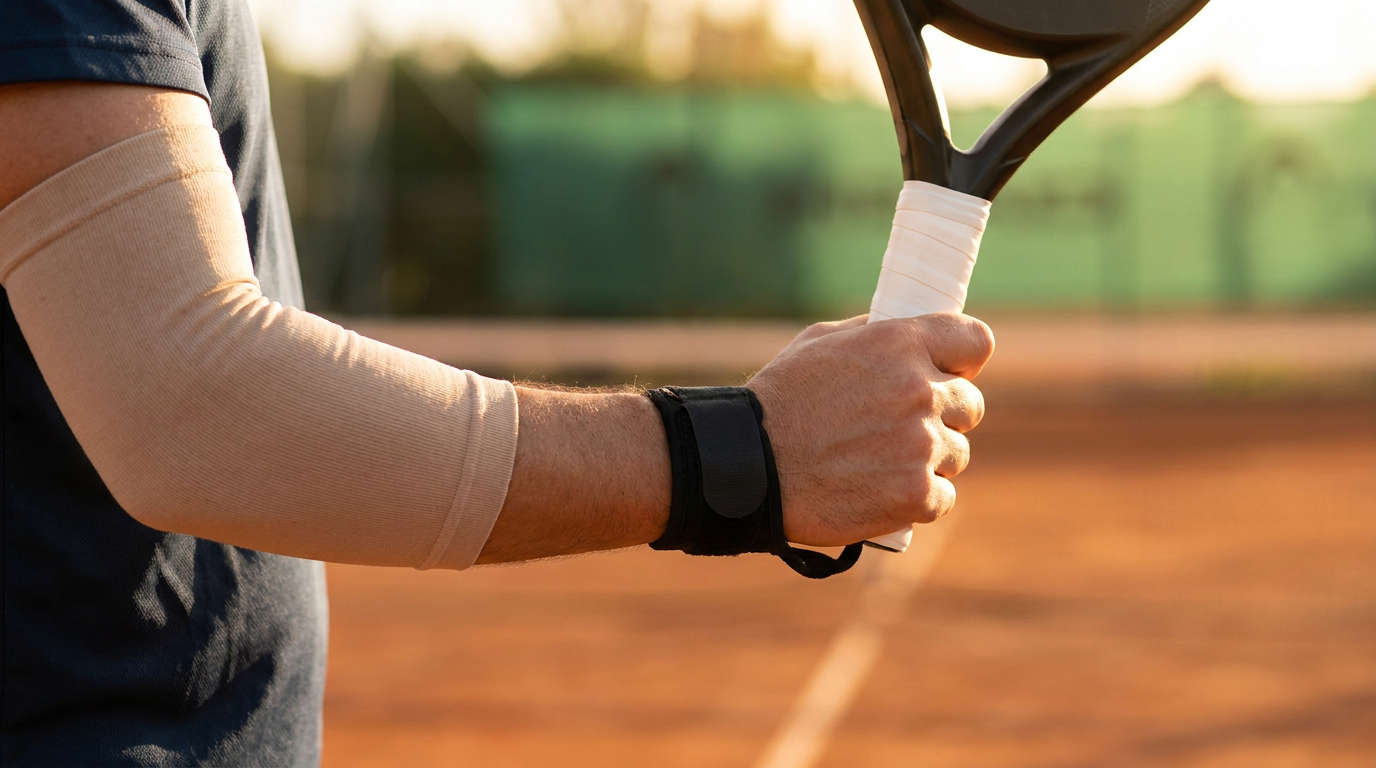 Padel player's hand gripping a racket wrapped in a fresh overgrip, close-up on court, illustrating padel elbow prevention